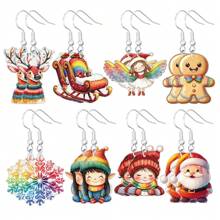 1 对亚克力彩色圣诞耳环，带有卡通圣诞老人、雪花、雪橇、姜饼装饰，适合女性在圣诞节期间佩戴 - 卡通 - 查看 3