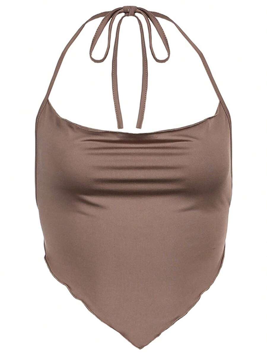 Female Vest, Girls Solid Color Sleeveless Strappy Spaghetti Strap Crop Tops, Matching With High Waist Pleated Skirt, S/M/L - màu nâu - Xem 1