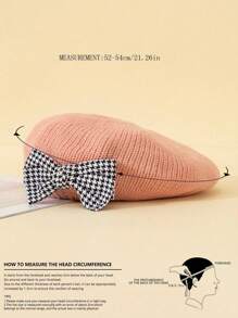 1pc Toddler Girls Houndstooth Pattern Bow Knitted Beret Hat, Beige