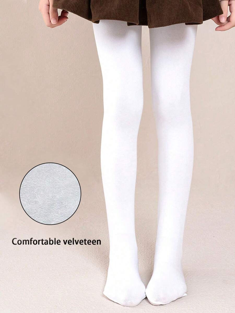1 Quần legging nhung nhung trơn co giãn màu trơn cho trẻ em, quần bó ấm áp để khiêu vũ, mùa thu/đông - trắng - Xem 1