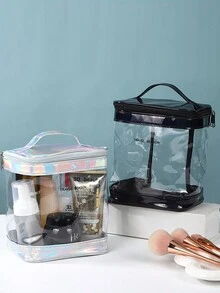 1pc European And American Laser Holographic Cylinder Transparent Large Capacity Cosmetic Bag, Travel Organizer - Multicolor - View 3