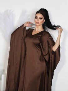 1 chiếc áo choàng bằng vải satin bóng cho nữ, váy abaya phong cách Dubai, váy Hồi giáo, váy abaya capaya Dubai, váy abaya cổ điển thời trang sang trọng, thích hợp cho các buổi tụ họp lễ hội - Cà phê nâu - Xem 2