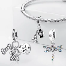 S925 镀银可爱爪印心形吊坠、相机塔吊坠、密镶蜻蜓吊坠，适合 DIY 手链和项链，适合女性和女孩的生日礼物，日常珠宝 - 銀色 - 查看 2