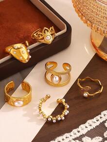 1 件不锈钢复古风格几何圆形戒指，镶嵌人造珍珠，适合女性休闲佩戴 - 金黃色 - 查看 1