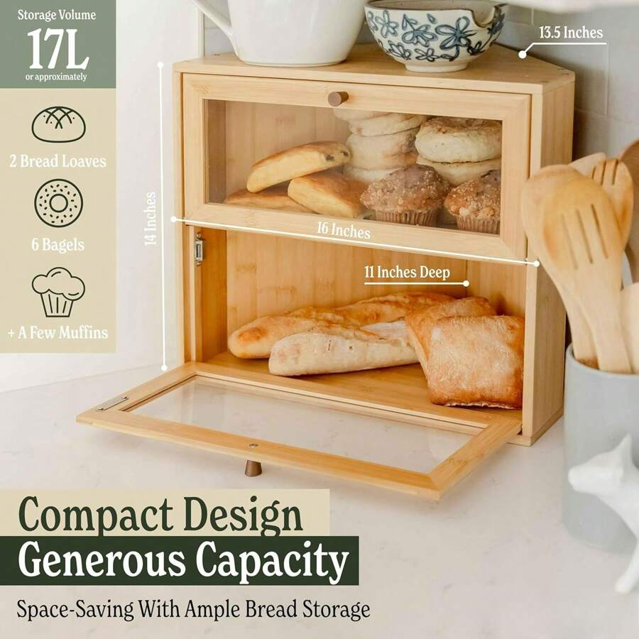 Corner Bread Box For Kitchen Countertop Extra Large Double Layer