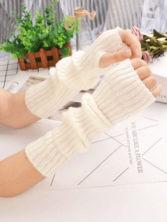 1Pair Knitted Gloves Solid Color Striped Sleeve Warmers Arm Sleeve