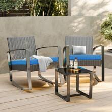 Modern 3 Pieces Bistro Set Outdoor Chairs,Outdoor Seating,Outdoor Seating Patio, Rocking Chairs, Wicker Chairs With Coffee Table Furniture Set For Balcony, Porch - Blue - View 2