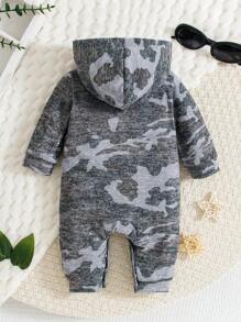 Baby Boy Camouflage Print Long Sleeve Hooded Half Zip Jumpsuit