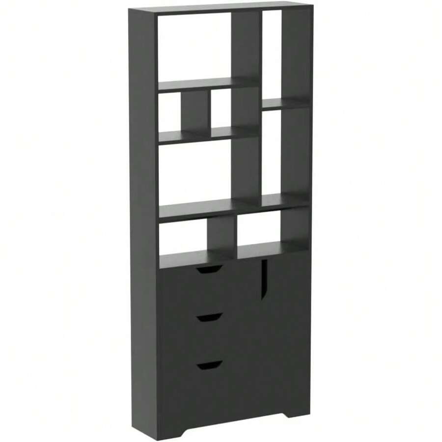 Stylish Black Bookshelf, 71" Tall Bookshelf With Doors And 3 Drawers