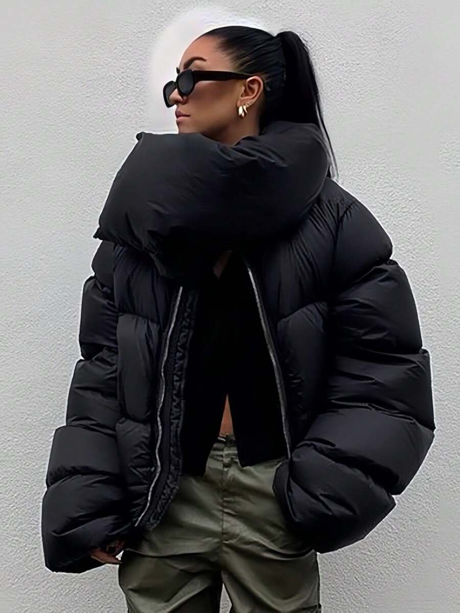 Women's Fashion Snap Button Thick Turtleneck Padded Coat, Warm Padded Coat - Black - View 1