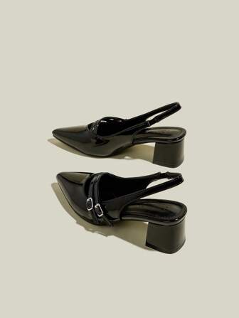 1 双女士黑色漆皮尖头双扣粗跟高跟鞋，优雅正式尖头高跟凉鞋，带后带