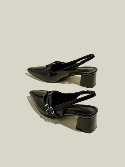 1 双女士黑色漆皮尖头双扣粗跟高跟鞋，优雅正式尖头高跟凉鞋，带后带