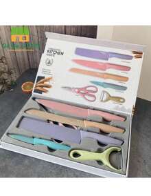 GEGE MX Marketplace  Juego de 6 cuchillos de cocina coloridos, juego de cuchillos de colores con revestimiento antiadherente, juego de cuchillos en caja de chef para cocinar, camping, viajes, picnic, barbacoa y RV, Juego de cuchillos profesionales con tonos pasteles. ER-0278
