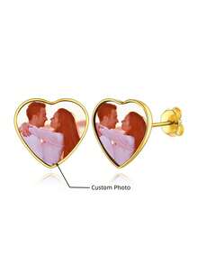 Women's Personalized Picture Earrings Stainless Steel/Gold Plated/Custom Heart Shaped Earrings Photo Earrings Memorial Jewelry Birthday Mother's Day Christmas Gift - Yellow Gold - View 3