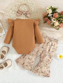 Conjunto de Bodysuit Vintage com Estampa de Rosa e Folha, Mangas Sino e Botões, Calça Flare com Laço e Faixa de Cabeça para Bebê Menina, Outono/Inverno