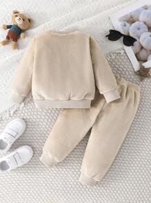 Bộ 2 bộ quần áo nỉ và áo len thêu họa tiết khủng long cho bé trai, ấm áp và thoải mái cho mùa thu/đông - Màu be - Xem 7