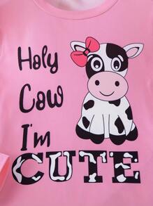 2pcs/Set Young Girl Casual Style English & Cow Pattern Long Sleeve Top & Cow Print Flare Pants Set, Autumn/Winter - Pink - View 4