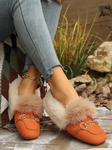 Sapatos Femininos de Bico Quadrado Plano com Pele Sintética, Elegantes para Uso Interno/Externo, Uso em Festas, Sapatos Planos Quentes e Antiderrapantes para o Inverno, Macios e Adoráveis