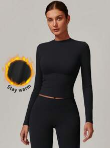 MASKERT 女士紧身长袖 T 恤，瑜伽长袖跑步运动上衣，带毛绒，修身，舒适亲肤 - 黑色 - 查看 1