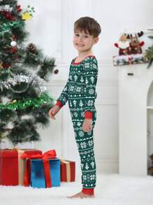2pcs/Set Tween Boys Snug Fit Christmas Family Matching Pajama Set, Fun Santa Tree & Snowflake Print Striped Long Sleeve Top And Pants, Holiday Comfy Loungewear - Green - View 6