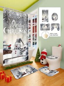 1/2/3/4 Pieces Christmas Collection Shower Curtain, Cute Snowman Woven Shower Curtain, Bathroom Non-Slip Mat, Toilet U-Mat, Toilet Lid Cover Mat, Bathroom Complete Set, Modern Waterproof Bathroom Decoration, Comes With 12 Hooks And A Shower Ball, Multiple Sizes Available Back To School