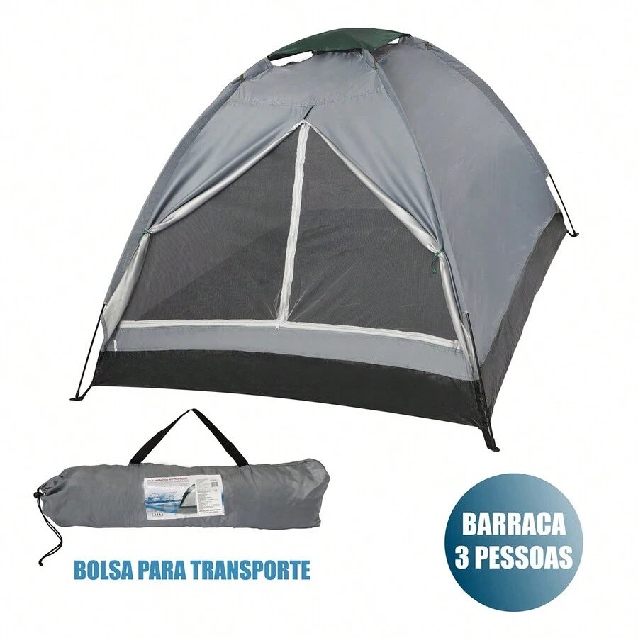 Barraca De Camping 3 Pessoas Impermeável C/ Bolsa - Cinza Claro - Visão 1