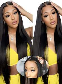 戴上即用无胶假发 人发 预拔 预剪 5x5 直发 蕾丝前假发 女士人发假发 无胶 蕾丝前闭合 可戴假发 180% 密度 天然黑色