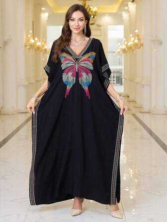Black Butterfly Embroidered V Neck Casual Women's DressesStylish Loose Loungewear Kaftan Dresses