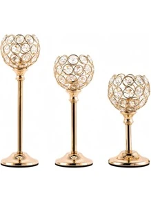 Juego de 3 portavelas de cristal y metal dorados, candelabros de cristal para velas de té, altos candelabros de cristal para votivas, elegante soporte de cristal para velas como centro de mesa para comedor, decoración de bodas, decoración de habitación, regalos - Multicolor - Ver 2