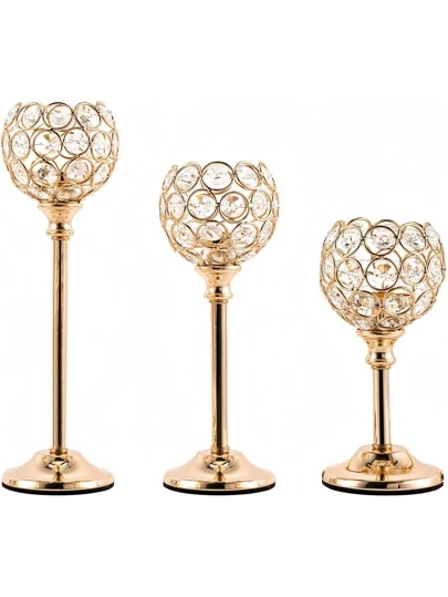 Juego de 3 portavelas de cristal y metal dorados, candelabros de cristal para velas de té, altos candelabros de cristal para votivas, elegante soporte de cristal para velas como centro de mesa para comedor, decoración de bodas, decoración de habitación, regalos
