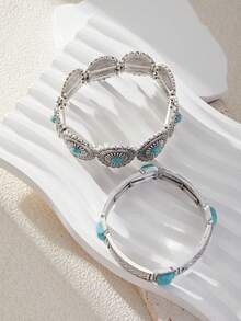 1 件复古波西米亚风格绿松石装饰弹性手链手镯女士 - 松石手鐲 - 查看 8