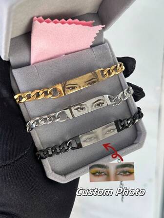 1pc Customized Eye Photo Couple Bracelet, Stainless Steel Chain Laser Engraved Picture Bracelet, Engraved Picture Stainless Steel Jewelry, Gift For Boyfriend, Anniversary Gift Gold, Rose Gold, Silver Stylish, Fall Fashion, Vintage, Unisex, Simple, Casual, Hipster, Goth, Punk Custom, Personalized, Unique Ideal Gifts For Her Her, Boyfriend, Girlfriend, Dad