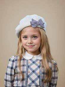 1pc Toddler Girls Houndstooth Pattern Bow Knitted Beret Hat, Beige