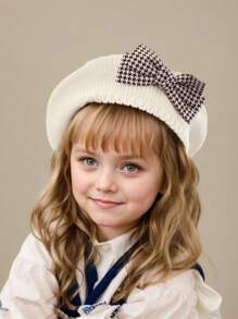 1pc Toddler Girls Houndstooth Pattern Bow Knitted Beret Hat, Beige
