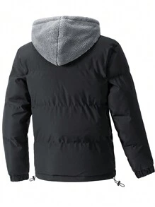 Men's Thick Warm Hooded Jacket, Look Like 2-In-1 Design For Winter - Black - View 2