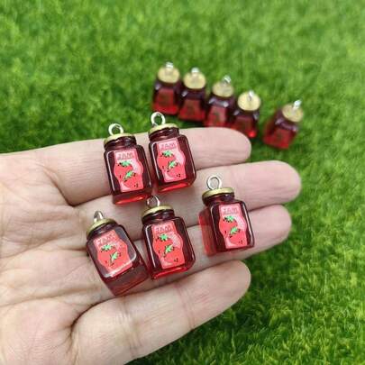 10pcs Resin Strawberry Jam Bottle Decoration Accessories, Suitable For DIY Jewelry, Earrings, Keychain Crafts