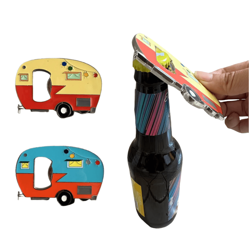 Décapsuleur de bouteille aimant réfrigérateur à motif camping-car/caravane. Parfait pour les fêtes, les cadeaux d'anniversaire créatifs, les cadeaux d'anniversaire de mariage, les souvenirs de voyage.