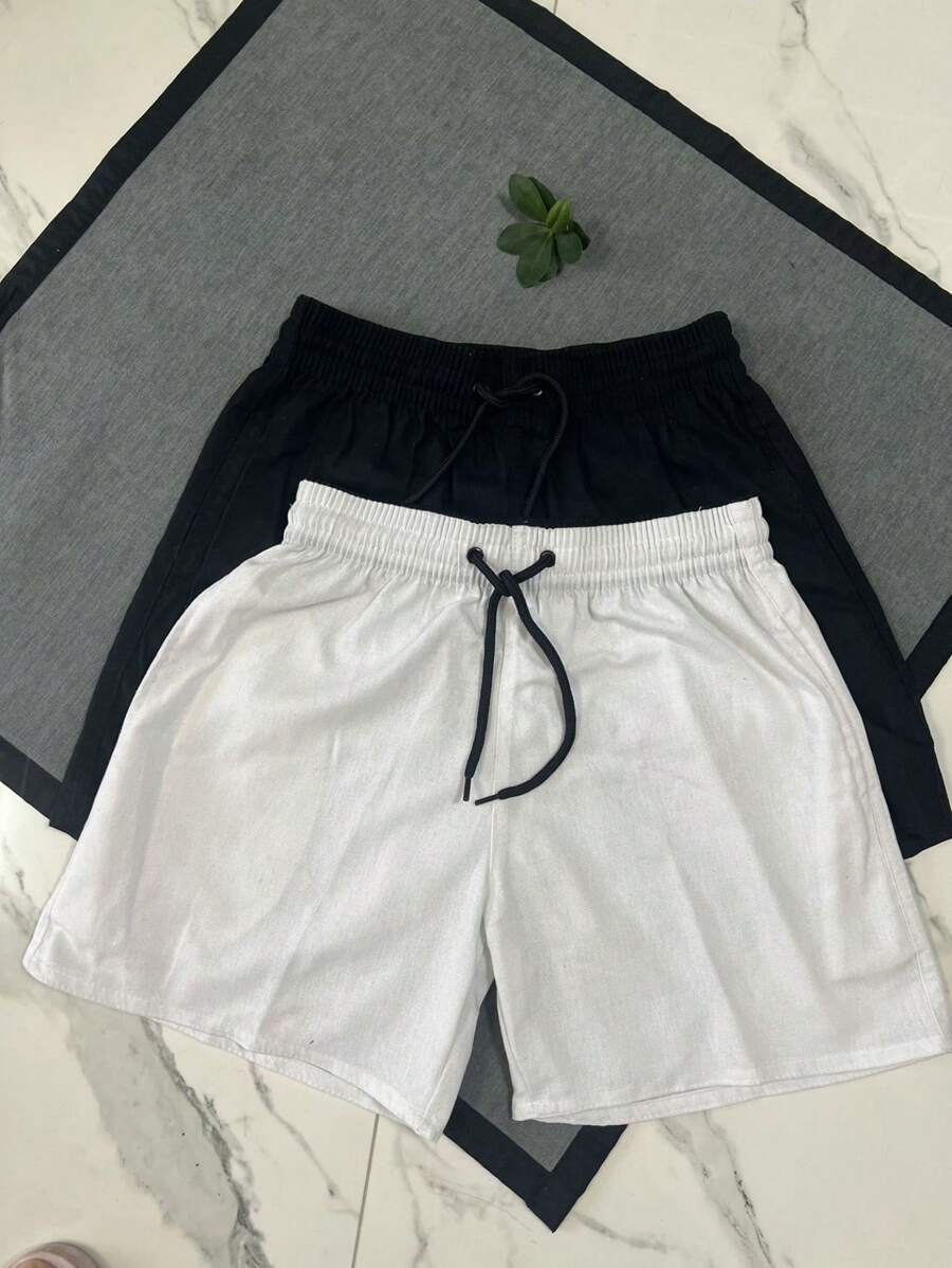 Kit Of 2 Comfort Linen Shorts With Black/Colorful Knife Pocket - trắng - Xem 1