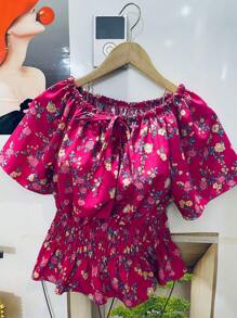 Belala Moda New Women's Short Sleeve Blouse With Elastane And Flower Print. - 玫瑰紅 - 查看 3
