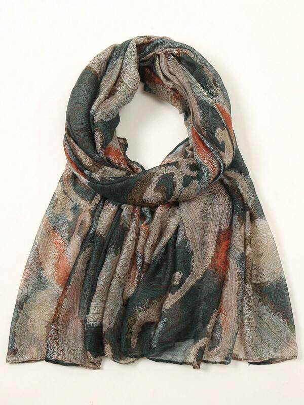 1pc Paisley Pattern Casual Elegant Street Chic Lightweight Business Party Polyester Chiffon Floral Print Scarf, Suitable For Spring, Summer, Autumn And Winter, Nature Green Floral