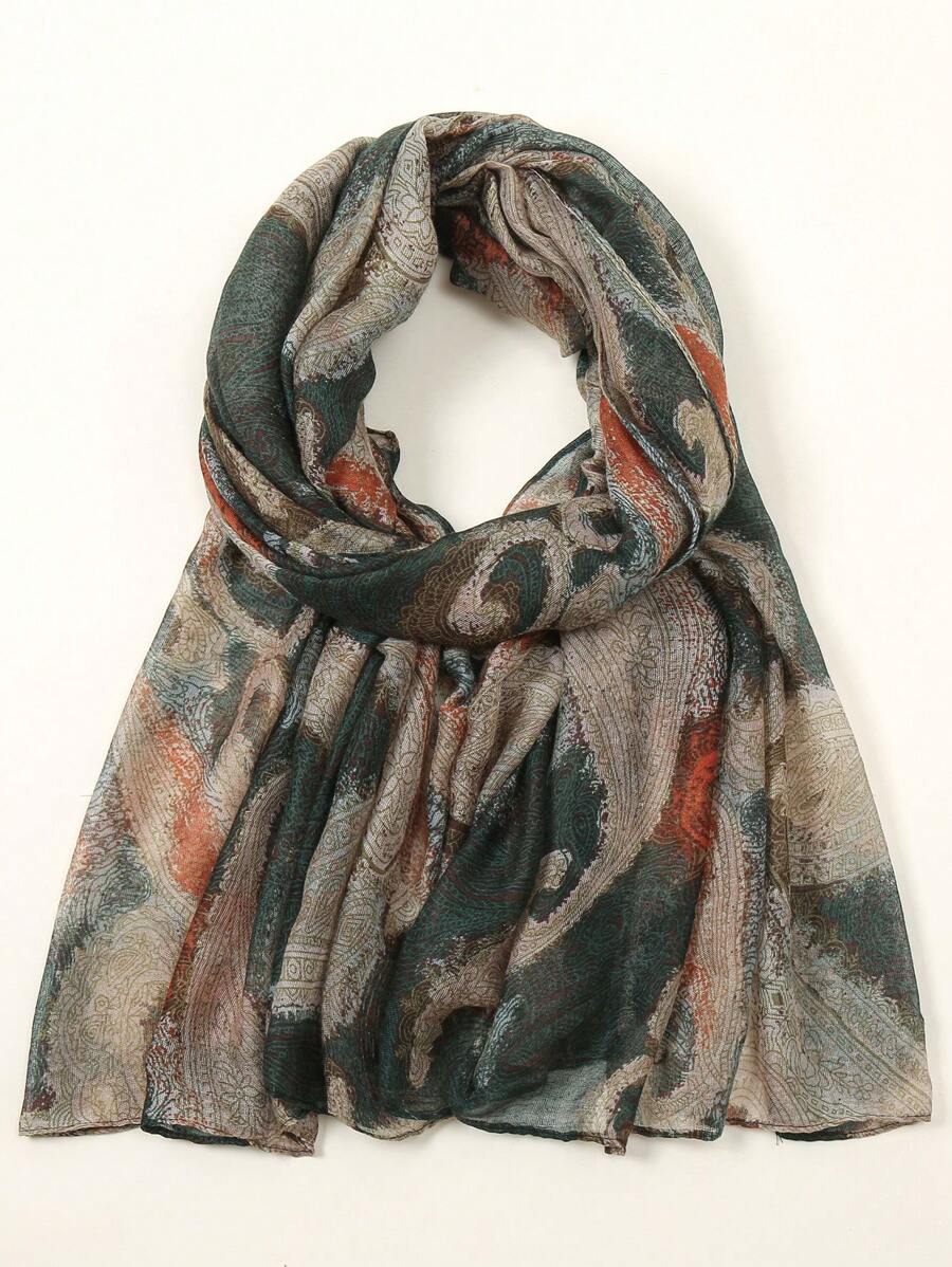 1pc Paisley Pattern Casual Elegant Street Chic Lightweight Business Party Polyester Chiffon Floral Print Scarf, Suitable For Spring, Summer, Autumn And Winter, Nature Green Floral