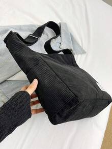 1 件女士纯色灯芯绒手提包，大容量可折叠拉链封口单肩包，带拉链口袋，休闲街头风格度假购物摄影 - 黑色 - 查看 10