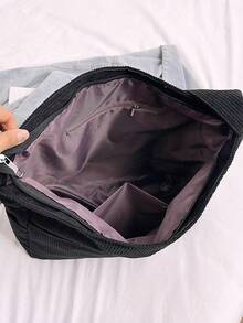 1 件女士纯色灯芯绒手提包，大容量可折叠拉链封口单肩包，带拉链口袋，休闲街头风格度假购物摄影 - 黑色 - 查看 4