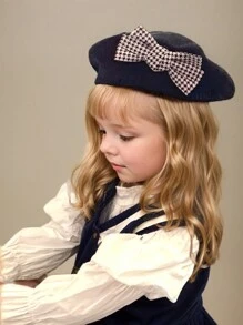 1pc Toddler Girls Houndstooth Pattern Bow Knitted Beret Hat, Beige