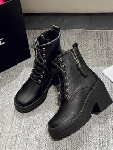 Giày bốt buộc dây cao gót mới, giày bốt đế dày mũi tròn màu đen, giày bốt ngắn đế dày, chống thấm nước, giày bốt mô tô thời trang gợi cảm - màu đen - Xem 6