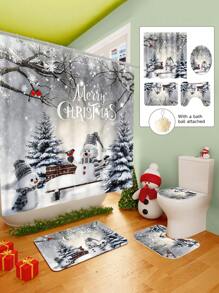1/2/3/4 Pieces Christmas Collection Shower Curtain, Cute Snowman Woven Shower Curtain, Bathroom Non-Slip Mat, Toilet U-Mat, Toilet Lid Cover Mat, Bathroom Complete Set, Modern Waterproof Bathroom Decoration, Comes With 12 Hooks And A Shower Ball, Multiple Sizes Available Back To School