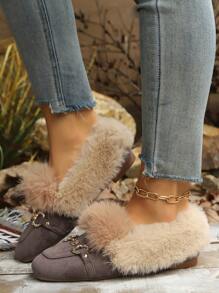 Women's Flat Square Toe Faux Fur Slip-On Shoes, Fashionable For Indoor/Outdoor, Party Wear, Warm And Non-Slip For Winter, Soft And Adorable