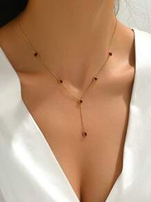 1 件女式不锈钢 Y 形项链配红色锆石水滴流苏吊坠，18k 镀金时尚珠宝 - 酒紅色 - 查看 3