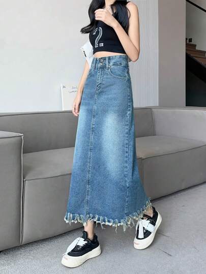 Women's Fashion Casual Back Slit Denim A-Line Mid-Length Skirt With Button Design And Distressed Hem