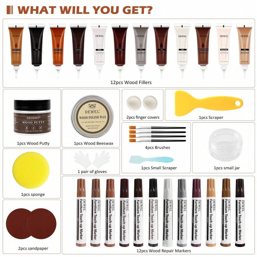 DEWEL Wood Furniture Repair Kit 34 Sets, Wood Filler Sticks*12, Touch